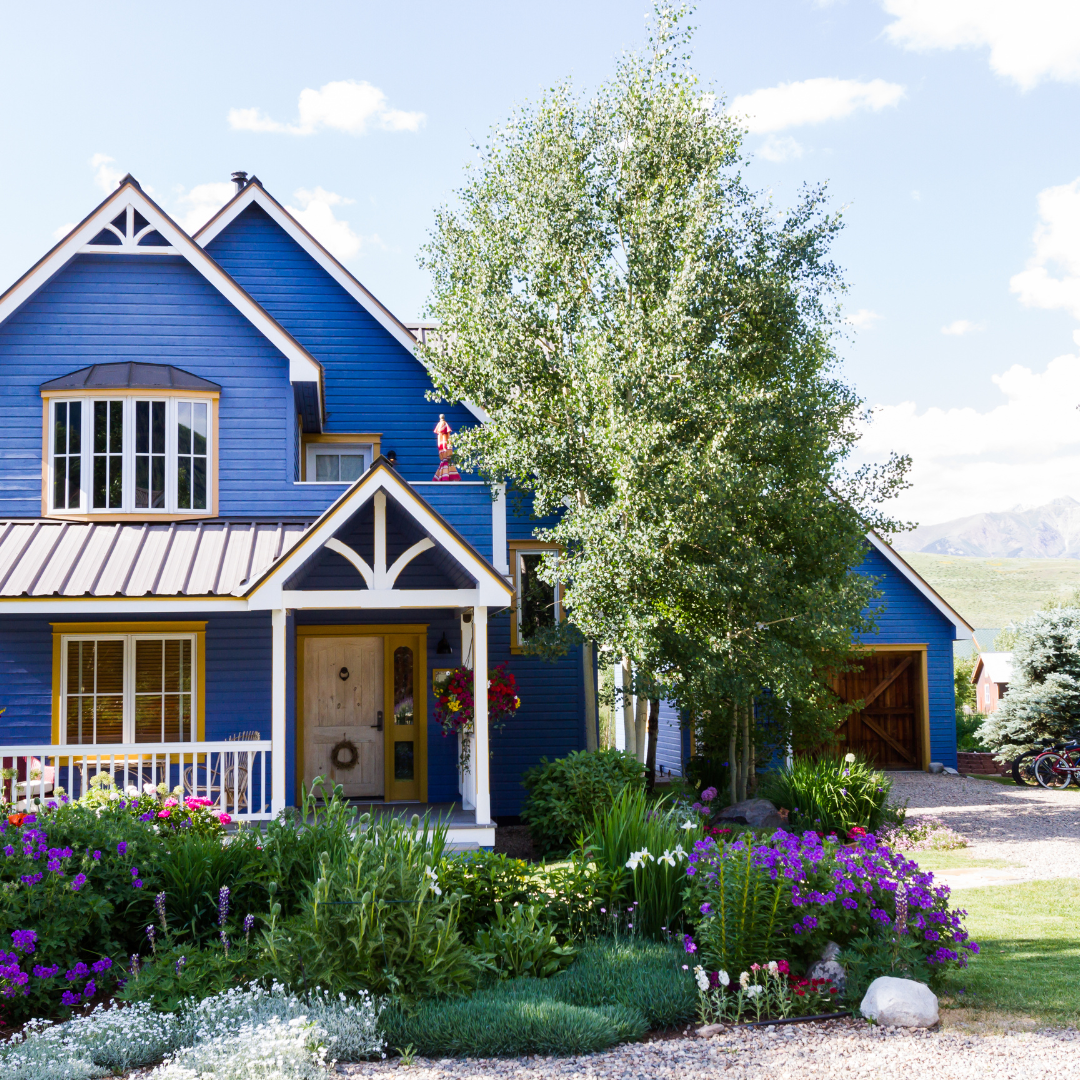 Blue house with garden